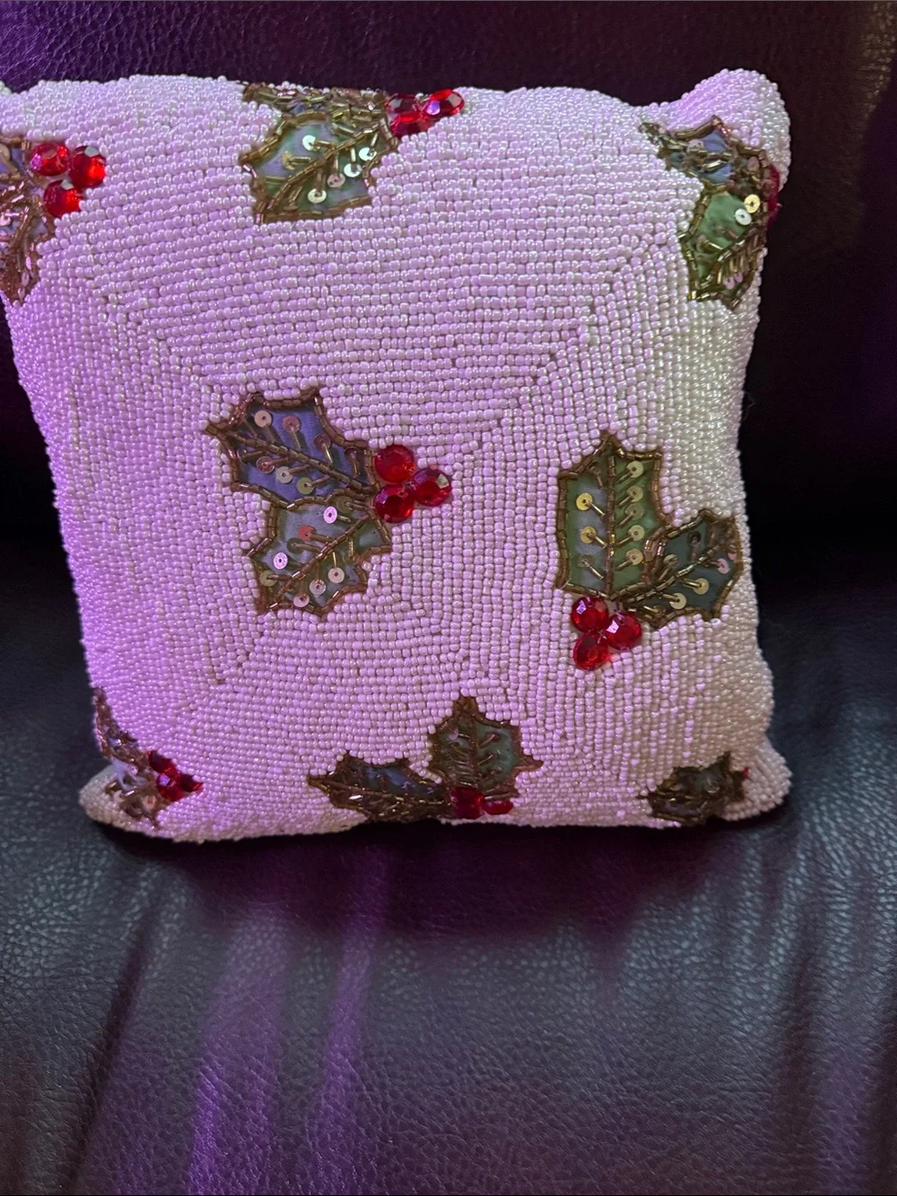 Beaded Pink Holly Accent Pillow with Red Berry Embellishments